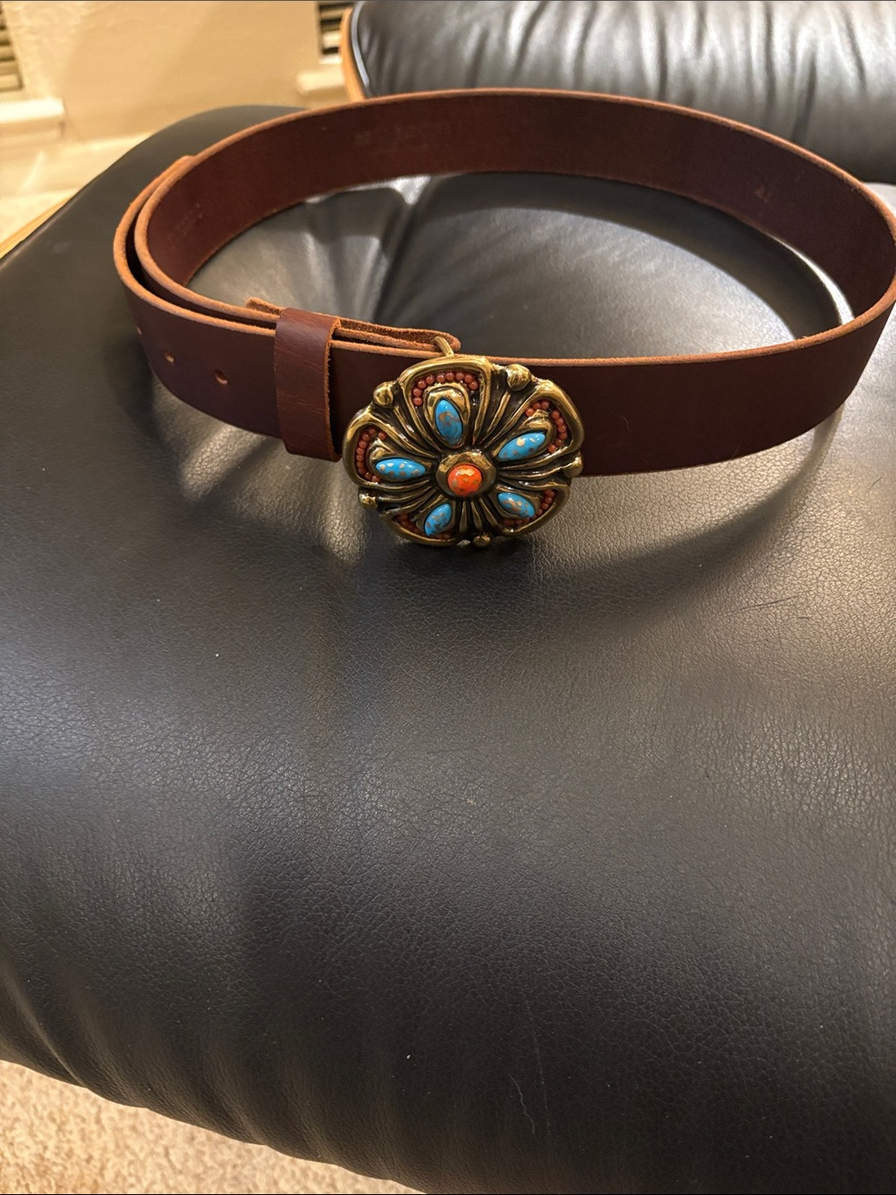 Harold's Brown Leather Belt with Turquoise and Coral Flower Buckle. Size XL.